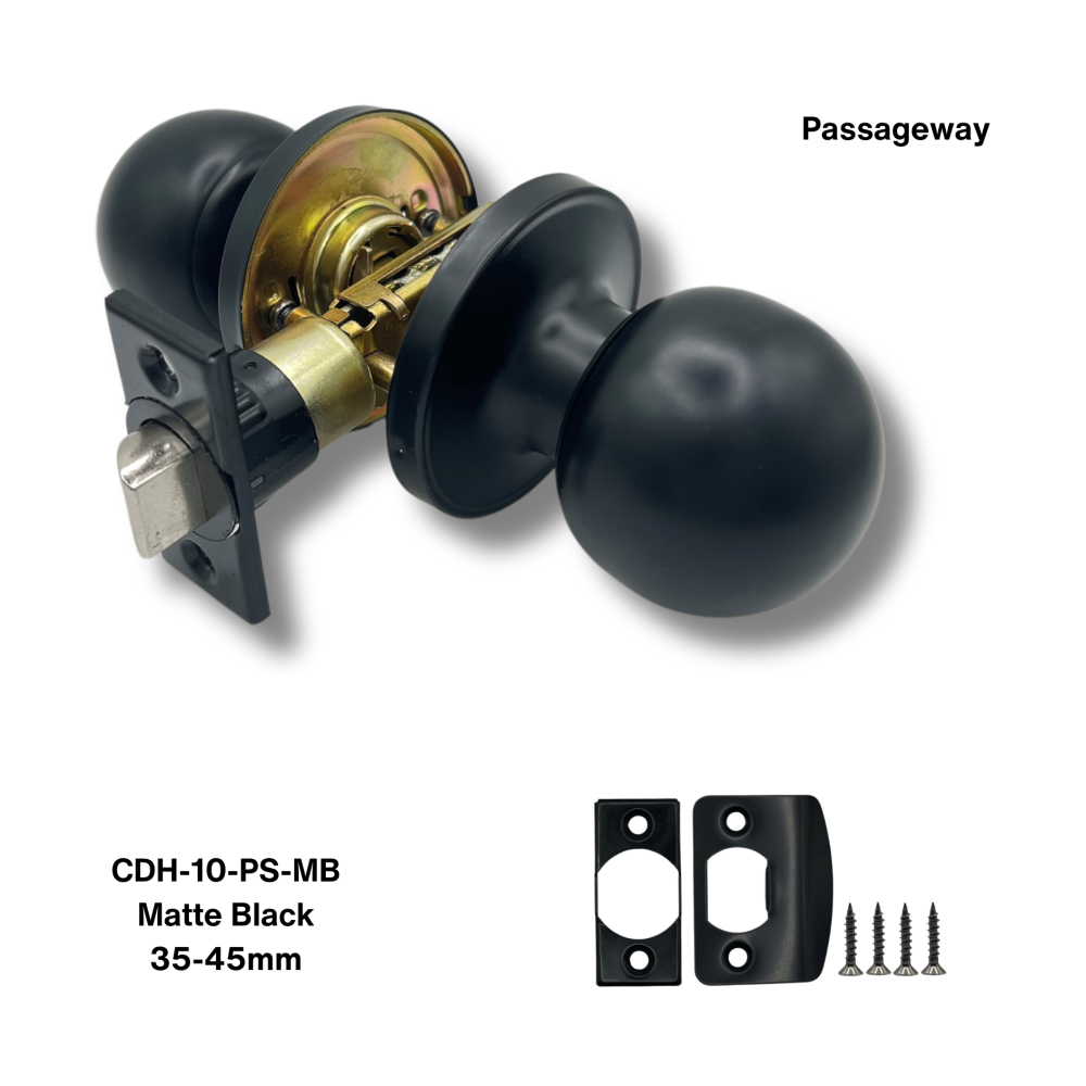 PorteGuard Door Handle - Round - Passage Lever Set - Matte Black - CDH-10-PS-MB