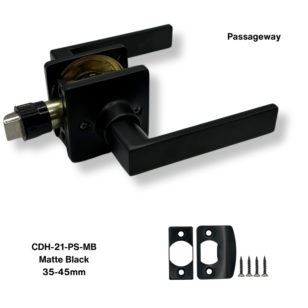 PorteGuard Door Handle - Passage Lever Set - Matte Black- CDH-21-PS-MB