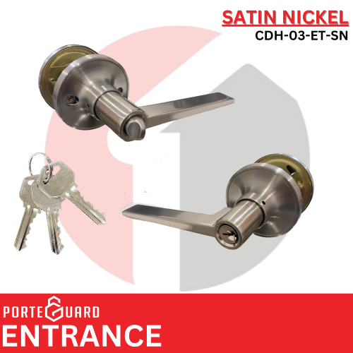 PorteGuard Door Handle - Entrance Lever Set - Satin Nickel - CDH-03-ET-SN