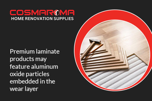 Premium laminate flooring with aluminum oxide particles in the wear layer
